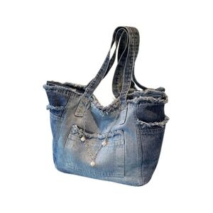 Denim Tote‎ Bag Frayed Edge Shoulder Bag with Pearl Chain Cute Pocketbook